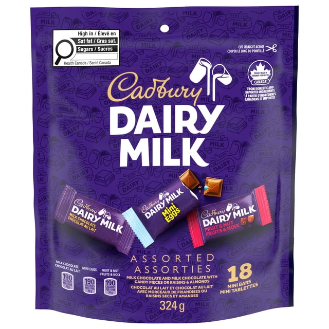 CADBURY DAIRY MILK, Milk Chocolate Bars, Fruit & Nut Chocolate Bars, Mini Eggs, Chocolate Bars, Assorted Bag of 18 x 18 g Mini Chocolate Bars, 324 g