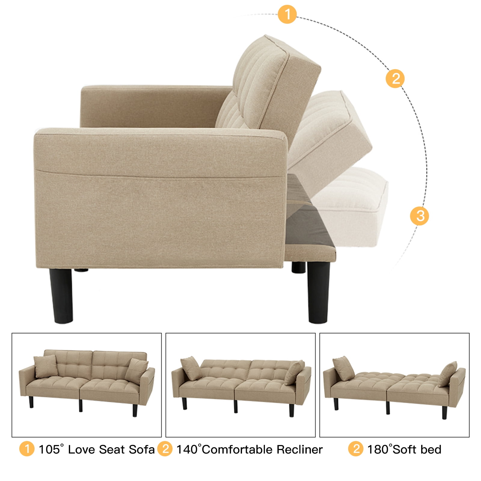 AVAWING Convertible Sofa Bed Upholstered Modern Folding Futon Sofa Bed Linen Fabric Tufted Couches with 2 Pillows, Adjustable Back and High Strength Nylon Legs for Living Room, Khaki