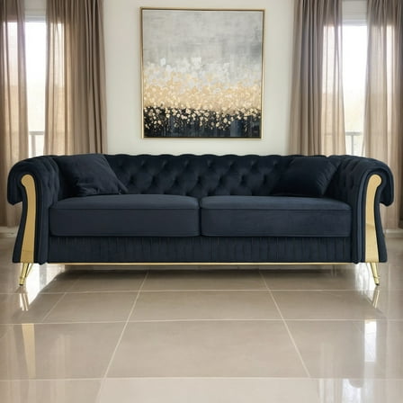 EVERGRATE FURNITURE Modern Velvet Tufted Sofa with Seat Cushion and Pillow, Black
