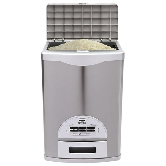 Auto Rice Dispenser, 33lbs Grain Storage Container, Stainless Steel Rice Keeper for Kitchen - Silver