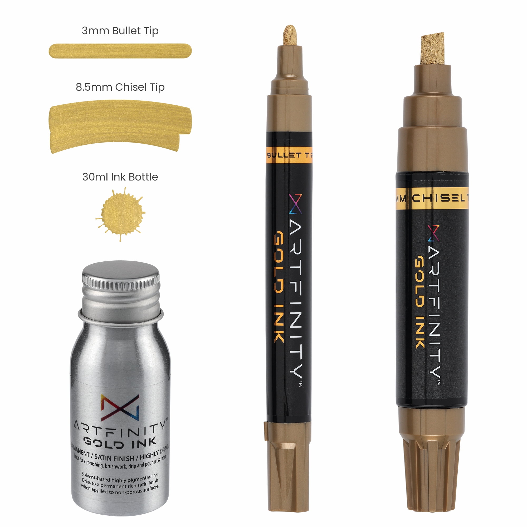 Artfinity Rich Metallic Markers - Professional Metallic Markers for Artists, Drawing, CAlligraphy, & More! - [Gold - 3mm Bullet Nib - 3 Pack]
