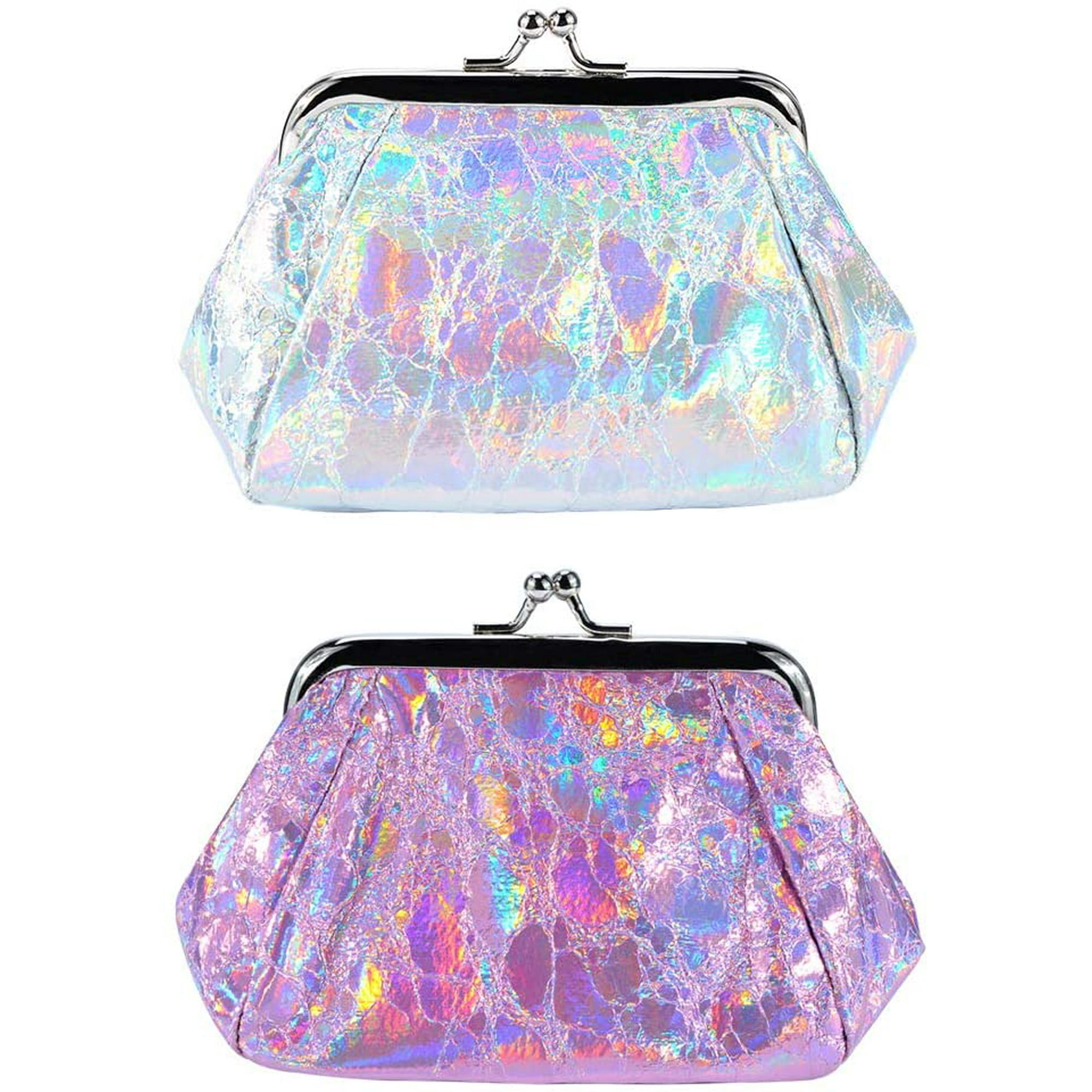 Diannasun 2 Pcs Hologram Coin Purse Iridescent Clutch Purse Kiss Lock Change Pouch Holographic Makeup Bag Laser Women Wallet Silver Rose Red Other