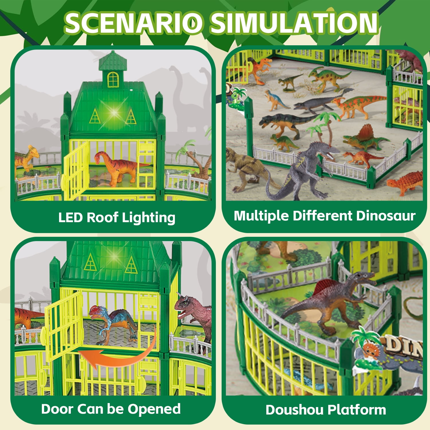 LINXUXIE 332PCS Dinosaur House Play Set with LED Light & Sound, Dinosaur Theme Park with 18 Realistic Dinos & Large Battle Cage, Dinosaur Toy for 1-3 3-5 5-8 Year Old