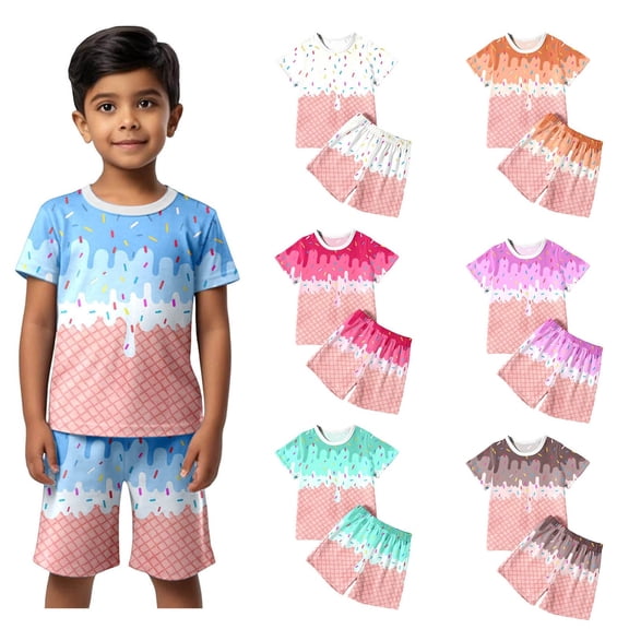 VOUZZA Toddler Boys Summer Clothing Set Ice Cream Print T-Shirt and Shorts 2-Piece Kids Casual Daily Sporty Playwear Outfit Suit 2-12Y