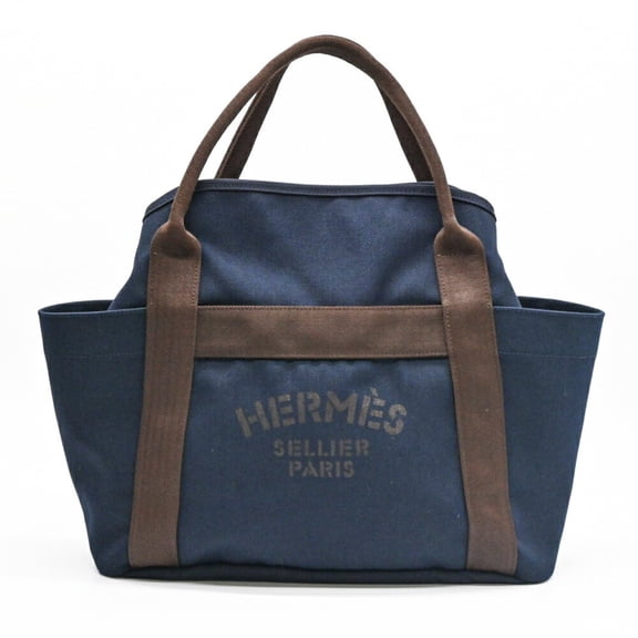 Pre-Owned HERMES Sac de Pansage Groom Handbag Tote Bag Canvas Navy Orange #A (Good)