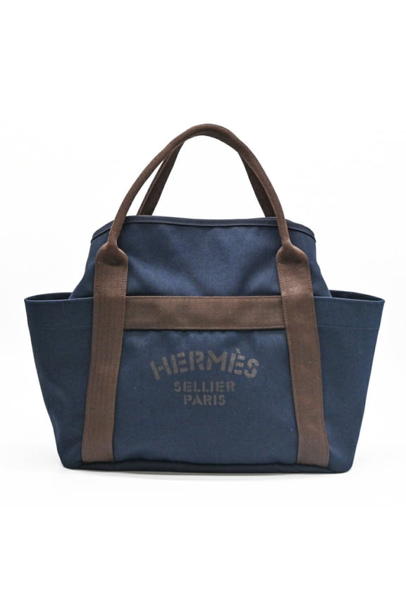 Pre-Owned HERMES Sac de Pansage Groom Handbag Tote Bag Canvas Navy Orange #A (Good)