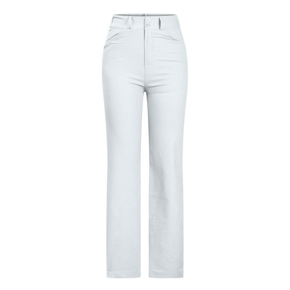 Pantalon à Jambe Grand pour Femmes, Décontracté, Couleur Unie, Confortable, Taille Haute, Pantalon pour Femmes, Mode, Coupe Ample, Quotidien, Tendance, Pantalon pour Femmes en Lin et Coton, Léger, Fête, Vacances, Plage (Blanc, TG)