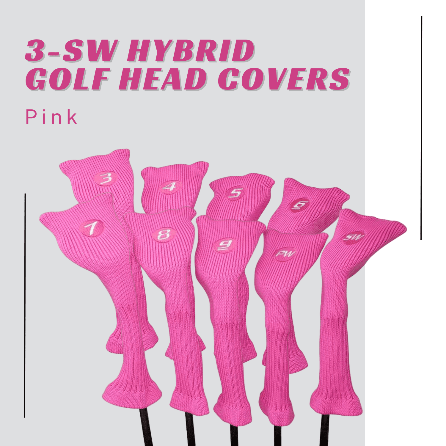 Majek All Hybrid Golf Club Pink Headcover Set 3-SW. Neoprene Acrylic Head Covers 3 4 5 6 7 8 9 PW SW