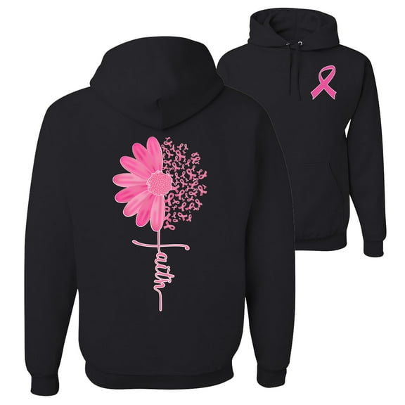 Wild Bobby, Faith Pink Ribbon Sunflower, Breast Cancer Awareness, Front and Back Unisex Graphic Hoodie Sweatshirt, Black, Small