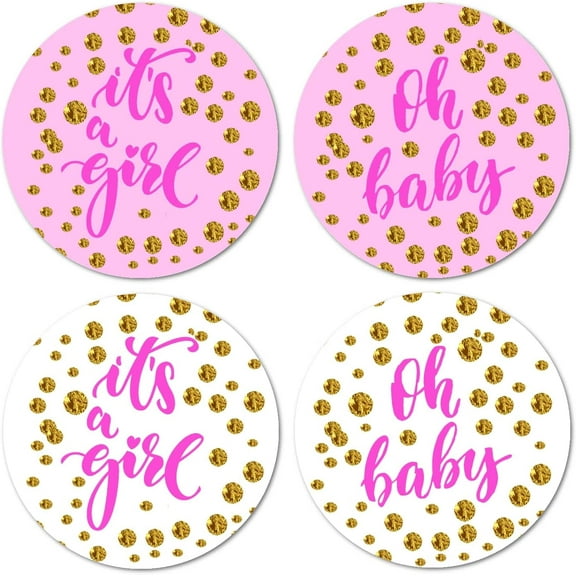 40 Pink Oh Baby It’s a Girl Stickers, 2 Inch Big Round Glossy Labels, Baby Shower, Great for Party Favors, Tags, Games and Supplies