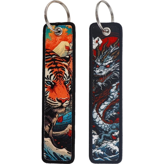vlrwzc 2pcs Dragon and Tiger Embroidery Key Fob Japanese Cartoon Keychain Motorcycle Keychain Woven Label Keychain for Backpacks, Wallets, Car