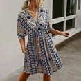 thumbnail image 2 of Fesfesfes Women Bohemian V Neck Dress Loose Short Sleeve Print Mini Dress, 2 of 9