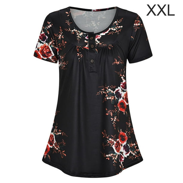 Camiseta estampada Mujer Verano Cuello redondo Blusa de manga corta Top suelto, Negro, XXL Methold AP001352-05