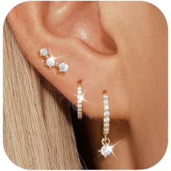 YMCSTONEMA 3pc Gold Hoop Earrings Set For Women,Dainty14K Gold Plated Crawler Earring Stacks,Sterling Lightweight Cartilage Stackable Earring Stack,Dangle Hoop Earrings Sets For Multiple P[H300]