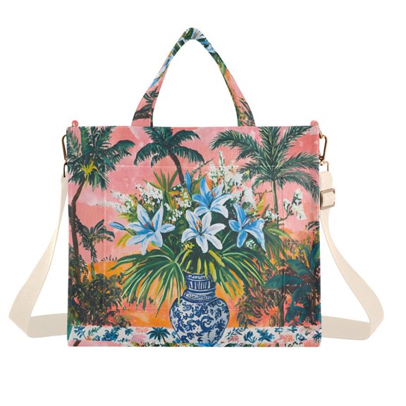 FORMRS Womens Corduroy Tote Bag Crossbody Shoulder Handbag with Pocket, Blue Flowers