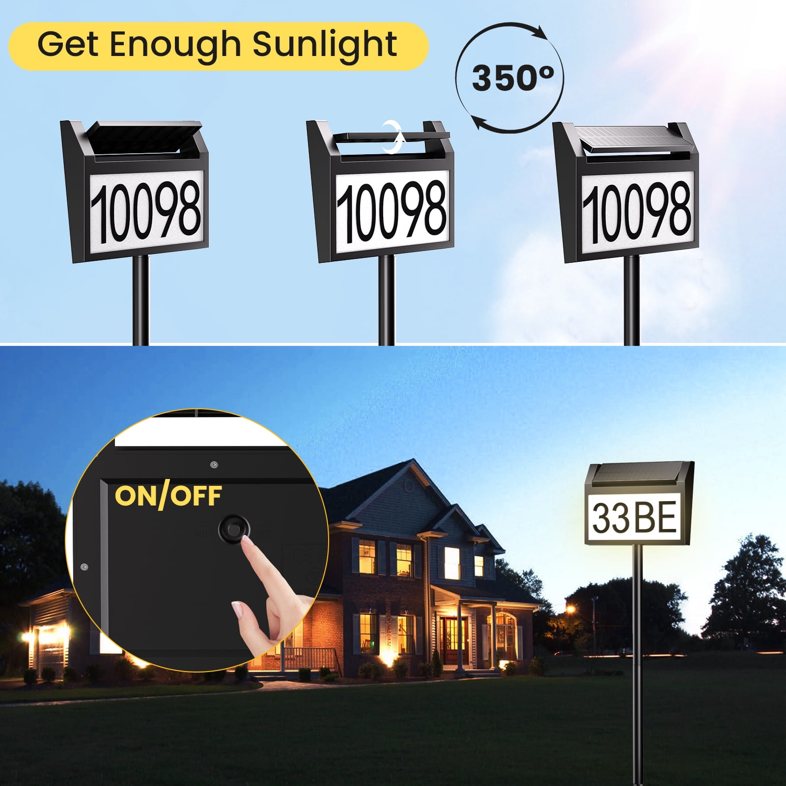 Solar Address Signs for Yard, Solar Powered House Numbers for Outside Light Up with 3-Color in 1, IP65 Waterproof LED Illuminated Plaques In Ground for Patio, Garden
