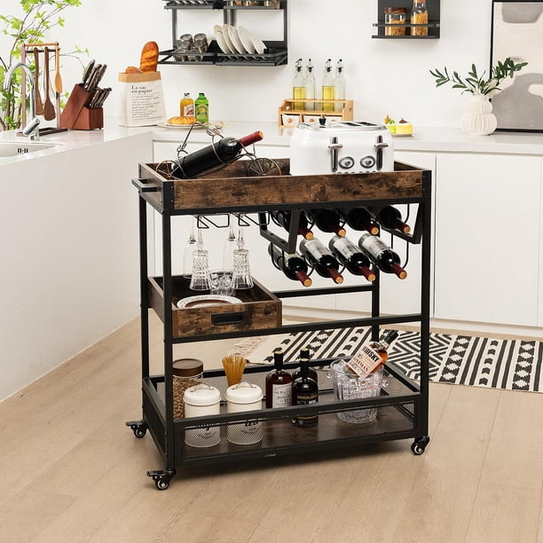 Vendos85 Chariot de bar 3 niveaux avec porte-bouteilles et verres - Accessoire vin & cocktail - Rue du Commerce
