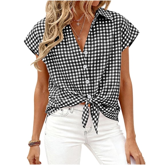 Craaazy Women's Short Sleeve Tops Gingham Print Tie Front Collared Button Down Shirts for Casual Daily Wear