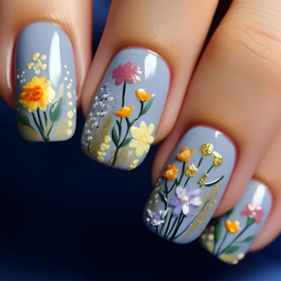 RYUJNDK 24 Pieces Press on Nails Set with French Square Designs and Floral for Salon Manicure Nails Art