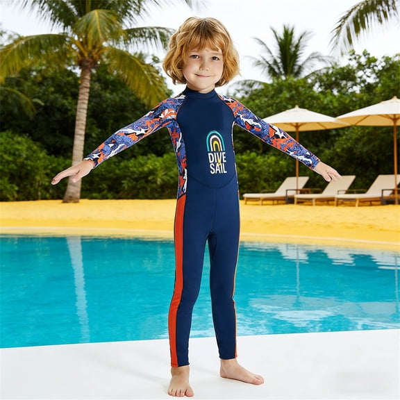 YMNXA Big Girls Boys Swimsuits Long Sleeve Cartoon Print Sun Rash Guard Comfortable Stylish Swimwear For Beach Pool Water Sports Dark Blue 8-9 Years