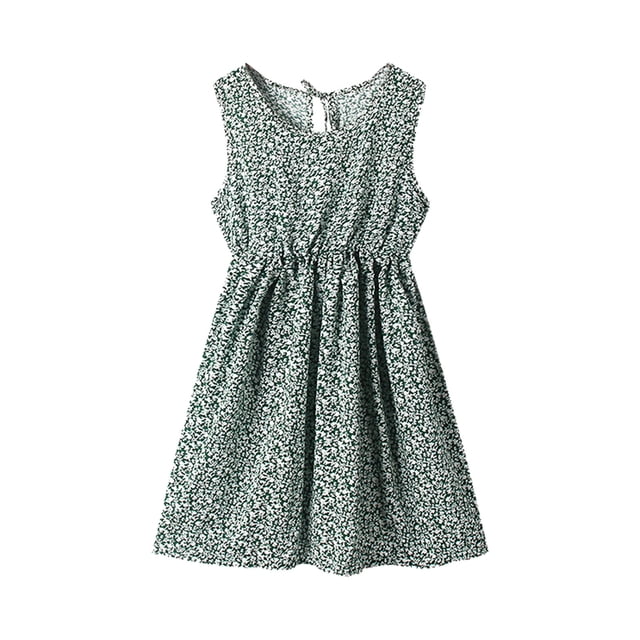 WEIYLL Robes pour Filles Tout-Petits Enfants Col Rond Sans Manches Imprimés Floraux de Plage Robe Verte Vêtements 6-7 Ans