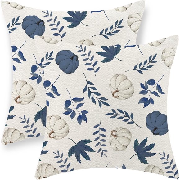 Housses de Coussin d'Automne 18x18 Pouces Ensemble de 2 Housses de Coussin Citrouille Bleu Marine Feuille d'Érable pour Décoration Maison Automne Housses de Coussin en Lin Décorations de l'Action de Grâce d'Automne Housse de Coussin Extérieure pour Canapé Sofa