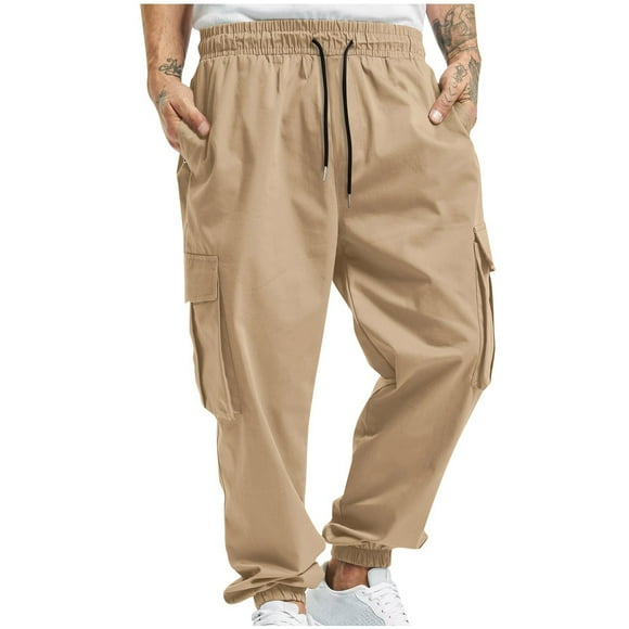 JURANMO Men's Cargo Pants Drawstring High Waist Workout Pants Solid Color Multi-pockets Outdoor Hiking Pants Elastic Ankle Tapered Joggers Pants Cyber and Monday Deals Khaki XL
