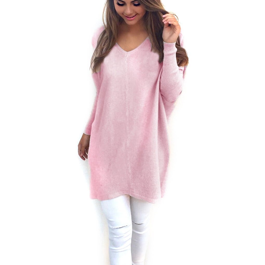 Solid V neck Sweater Skin Friendly Autumn Sweaters Fashionable Long sleeve Pullovers Portable Winter Tops Loose Blouse Girls Pink XXL Walmart