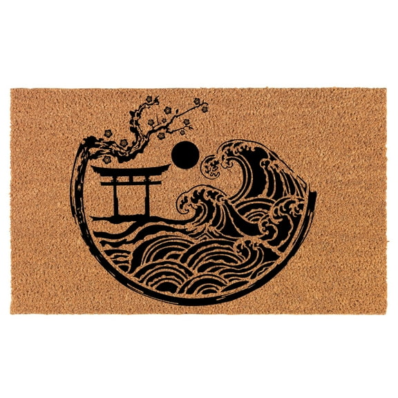 Welcome Doormat Coco Coir Door Mat Gift Torii Gate with Wave (24" x 16")