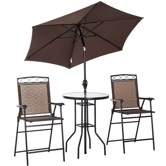 JERFIT 4-Piece Outdoor Dining Set with Umbrella, 2 Foldable Chairs & Tempered Glass Table, Brown Patio Furniture for Garden, Poolside
