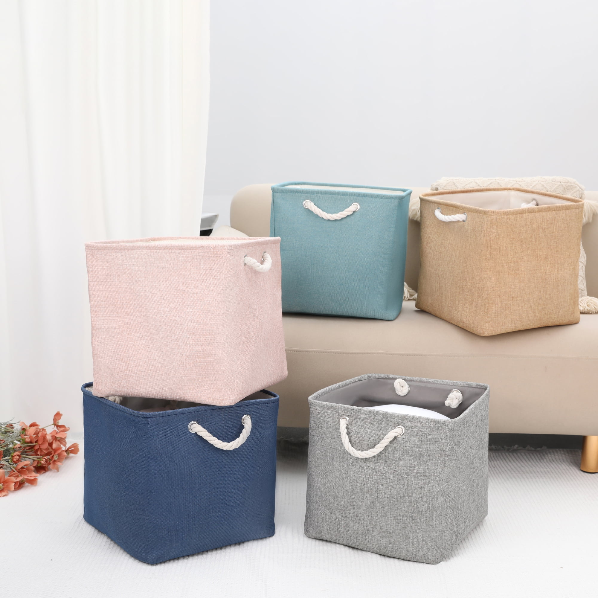 Unique Bargains 13 Inch Square Fabric Collapsible Storage Basket Bin with Handle Pink