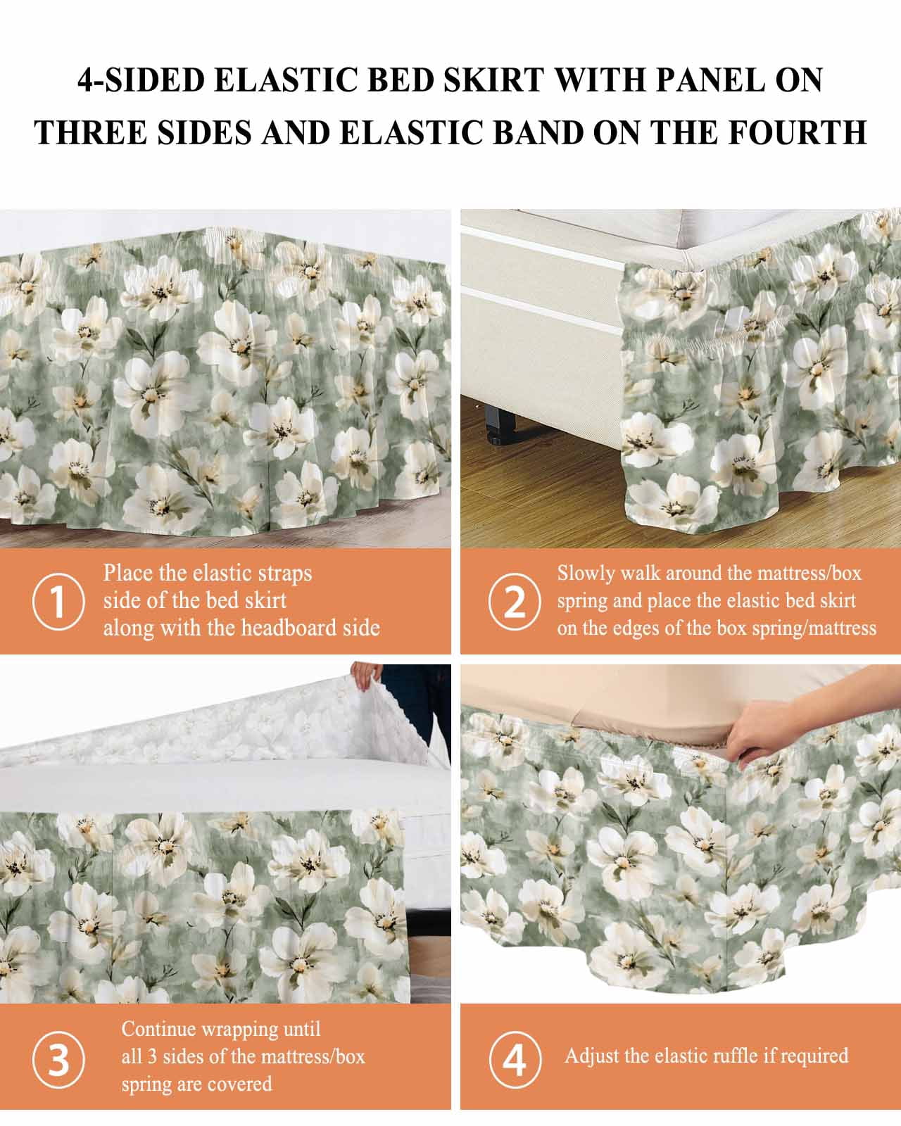Sage Green Spring Floral Wrap Around Bed Skirts for King Bed 16" Drop, Bed Skirt with Adjustable Elastic Belt Dust Ruffle Bed Valance for Bedroom Hotel Luxury Summer Botanical Flowers Bed Frame Cover