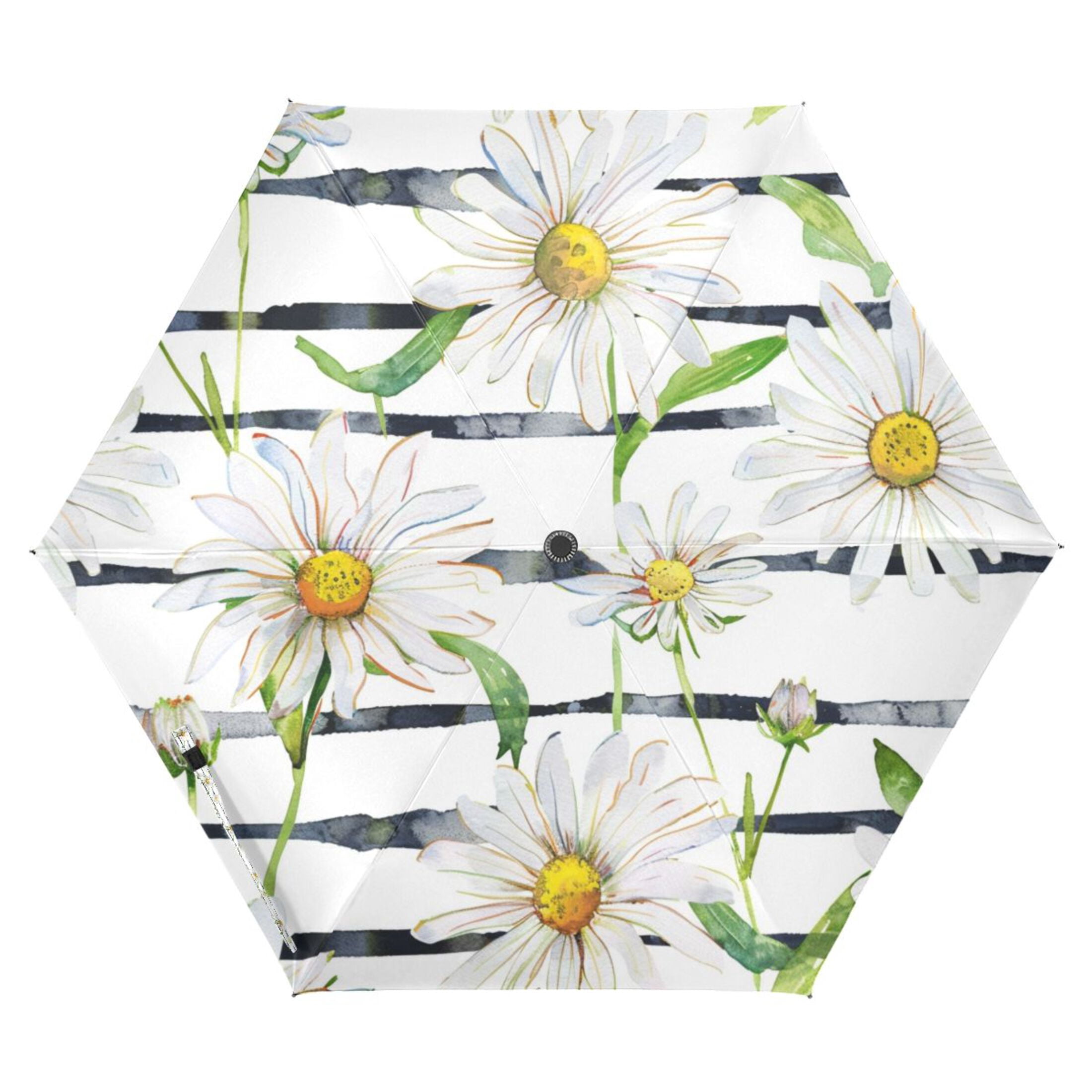 Daisy Flower on Black White Stripes Compact Sun Umbrella Windproof Travel Umbrellas for Rain Strong Portable UV Protection