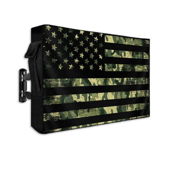Green American Flag Outdoor TV Cover 60 to 65 Inch Weatherproof, Wooden Grain 600D Oxford TV Covers with Waterproof Zipper, Outside Flat TV Screen Protector Size 58"W x 37"H x 4.5"D