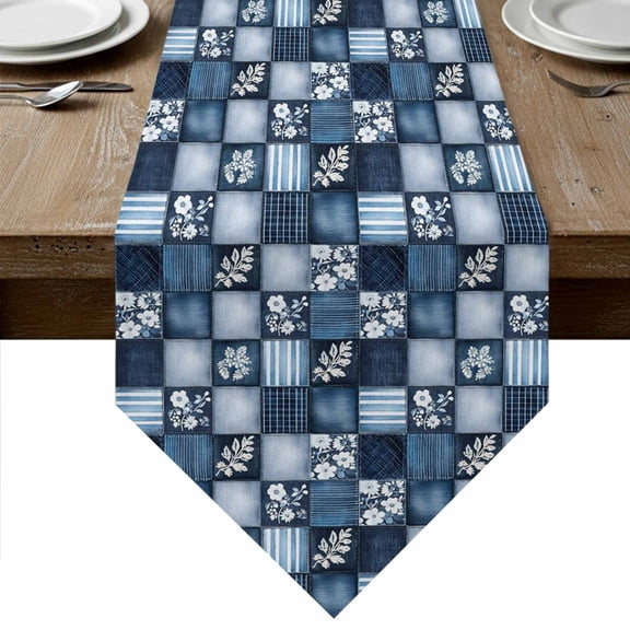 Table Runners 120 Inches Long, Botanical Blue Plaid Cotton Linen Kitchen Dining Coffee Table Runner for Party Home Decor, Summer Stripes Flower Leaf Tabletop Dresser Scarves Runner 13x120 Inch