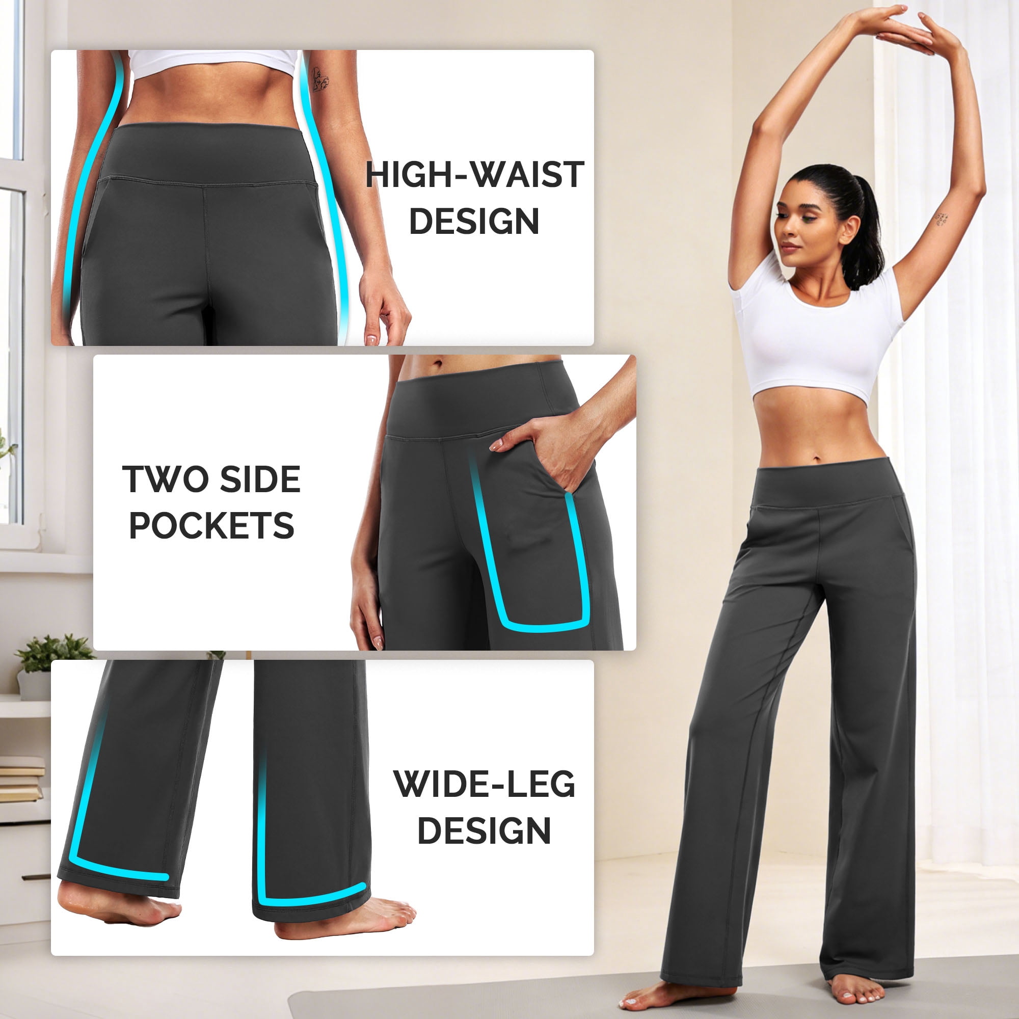 NELEUS ButterSoftFlex Womens Wide Leg Pants Athletic Yoga Legging Casual Sweatpants with Side Pockets,Gray,US Size S