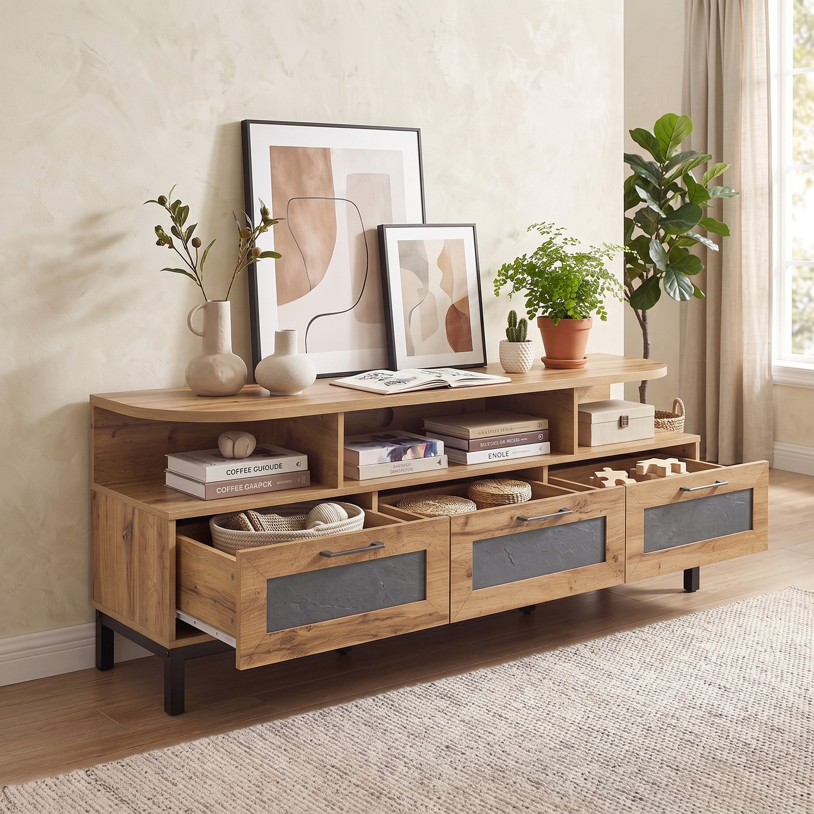 Furnibear Entertainment Center TV Stand for TVs up to 75 Inch, Wood Media Console Table with 3 Storage Drawers and Open Shelves, Living Room Bedroom, Rustic Natural