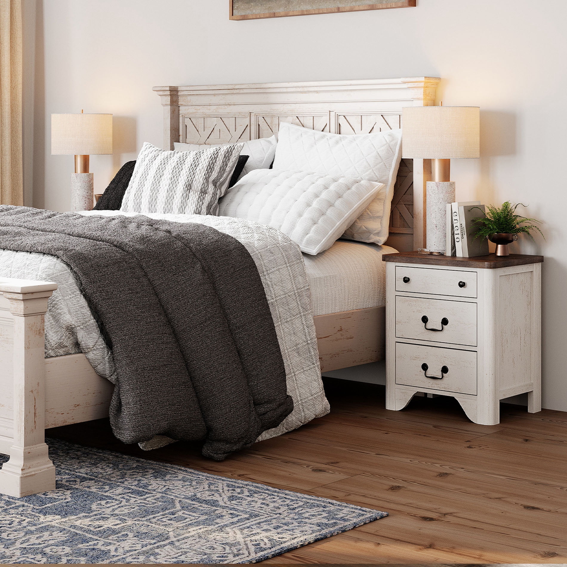 Farmhouse Nightstand with Charging Station, 3-Drawer Night stand, Wood End Table for Bedroom, White