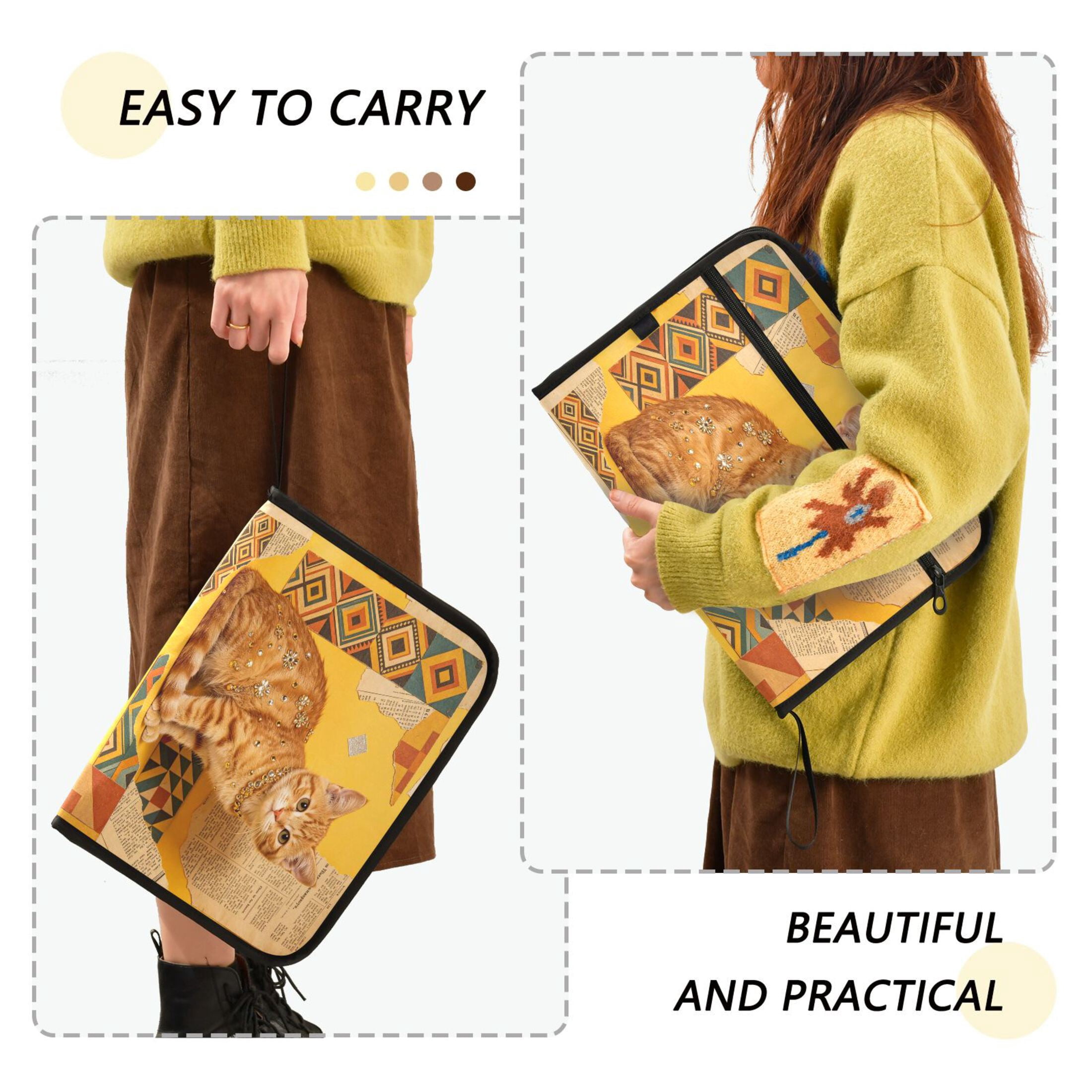 13-Pocket Expanding File Folder—Nylon Accordion File Organizer with Handwritten Labels, Glam Orange Cat