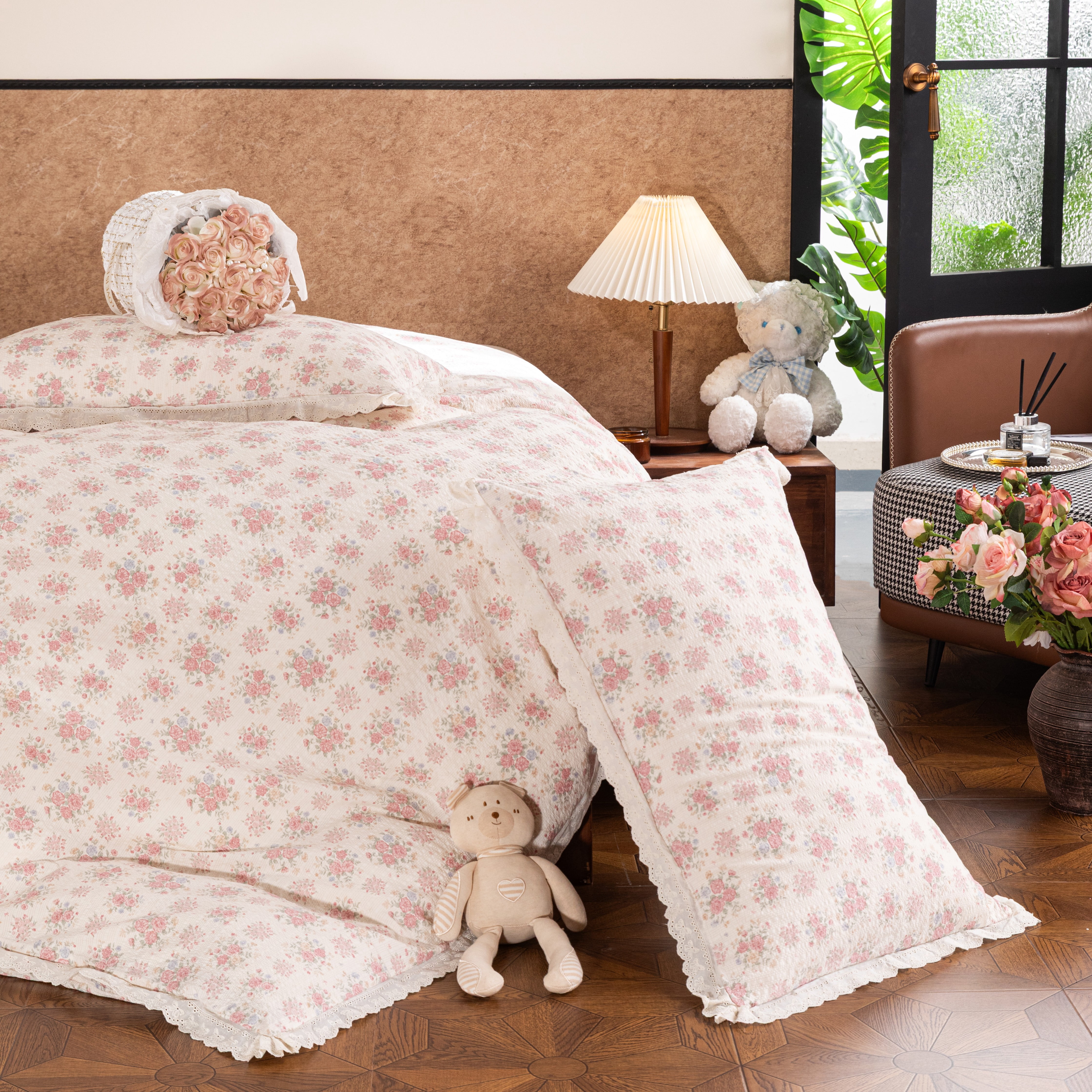 Floral Duvet Cover Twin Pink Flower Bowknot Lace Ruffle Duvet Cover Set Country Vintage Farmhouse Bedding Set for Girls Kids Textured Seersucker Reversible Comforter Cover 3 Pcs