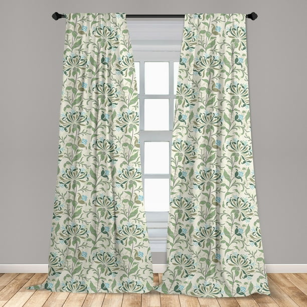 Green Curtains 2 Panels Set, Pastel Colored Floral Ornaments Soft