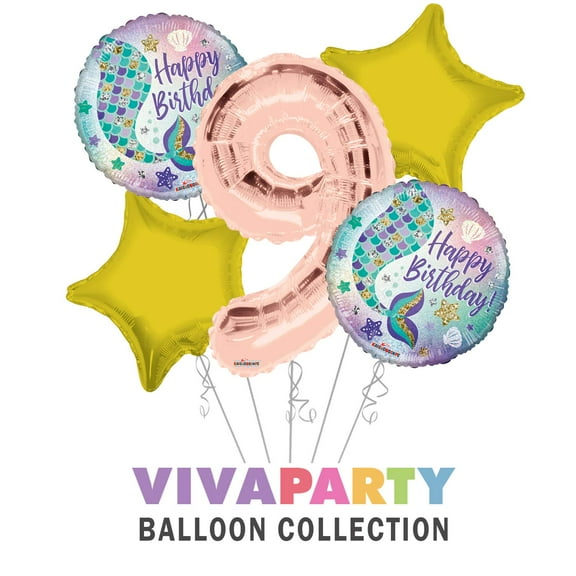 Happy Birthday Mermaid Round Balloon Bouquet 5 pc, 9th Birthday, Rose Gold Number 9 Jumbo Balloon | Viva Party Balloon Collection