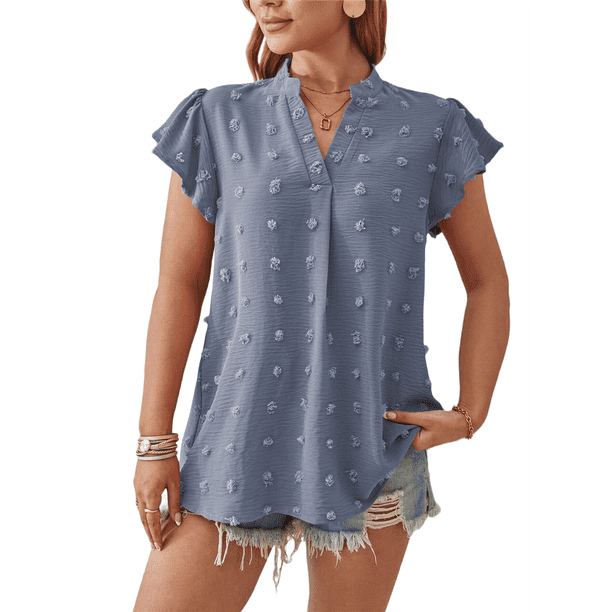 Blusa de Verano 2025 para Mujer, con Cuello en V, Volantes, Corta, Lunares, Holgada, Estilo Túnica, Azul, Talla S