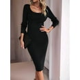 thumbnail image 5 of Women 2025 Summer Ribbed Short Sleeve Bodycon Maxi Dress Side Slit Knit Square Neck Long Sundress Black L, 5 of 7