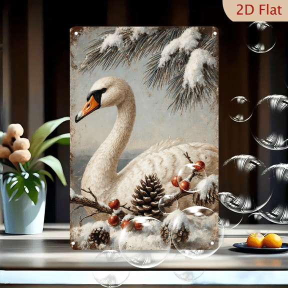 Winter Swan with Pinecones and Berries, Vintage Painterly 8x12 Inch Metal Wall Art, Rustic Snowy Nature Scene for Home Decor