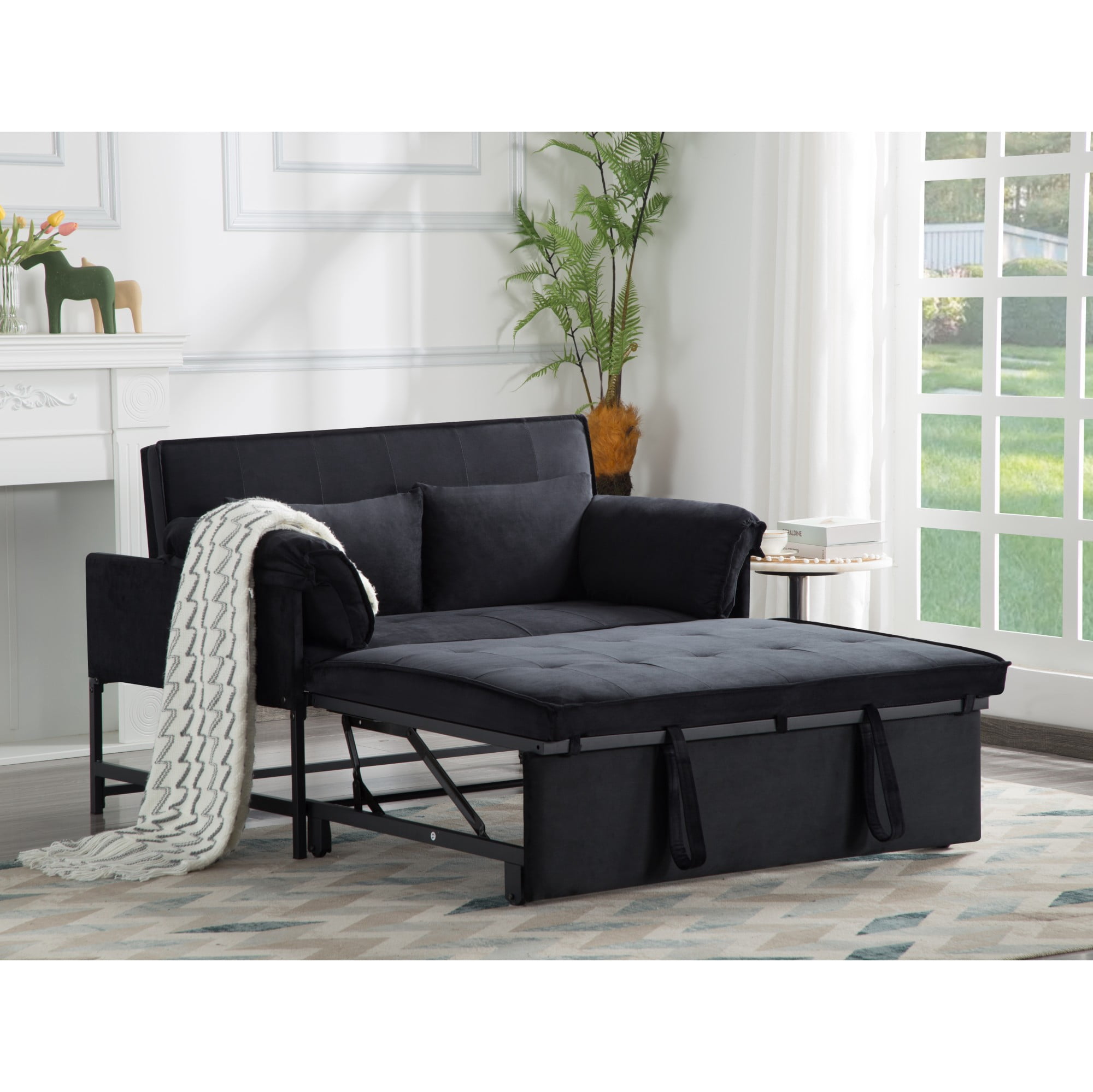 BSHTI 46" Velvet Pull-Out Sleeper Sofa Bed with Adjustable Back, 2 Pillows, Metal Frame for Living Room/Bedroom（Black）