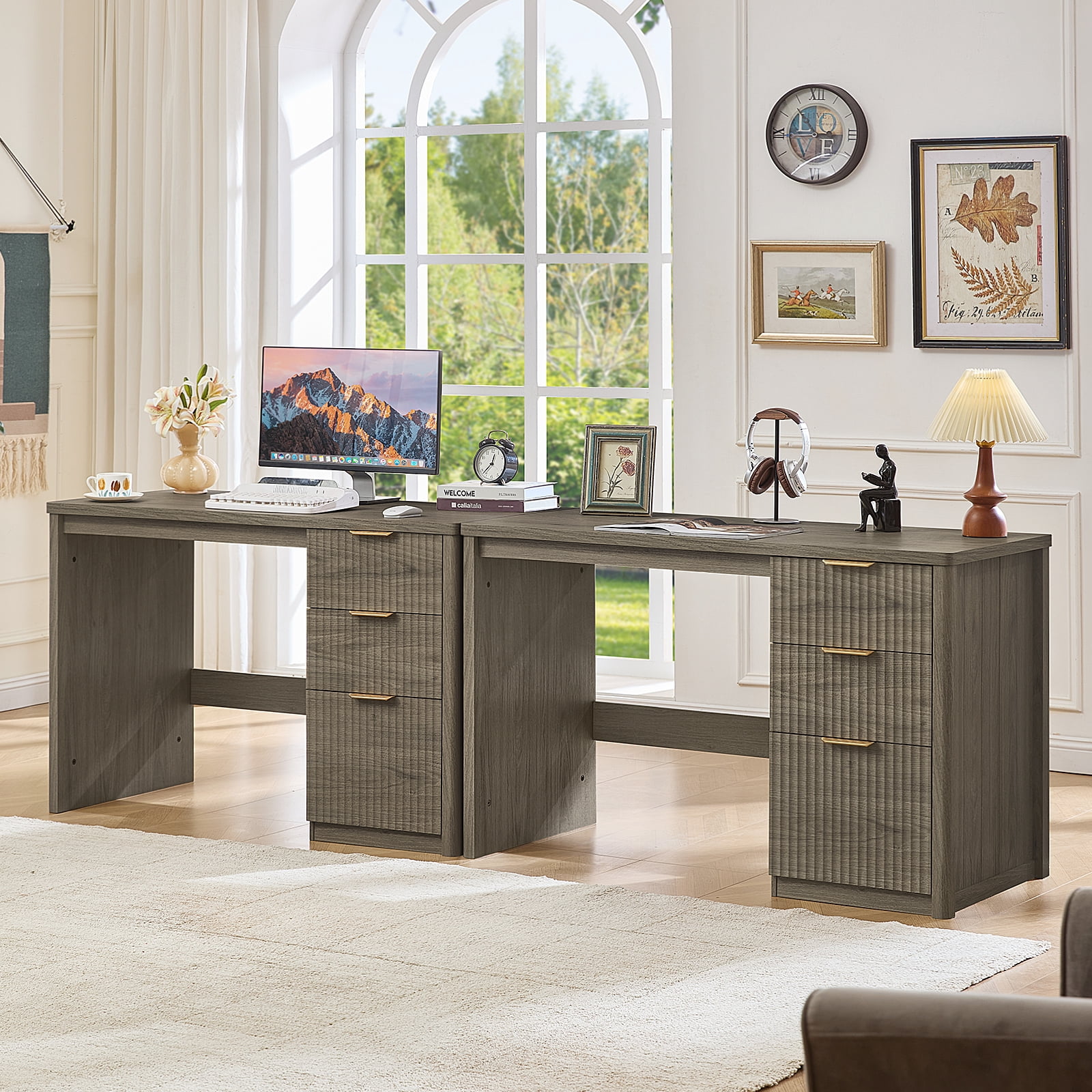 Joaxswe 48" Executive Desk, Modern Home Office Desk with 3 Drawers & Cabinet, Fluted Computer Writing Desk for Study, Living Room, Bedroom, Grey