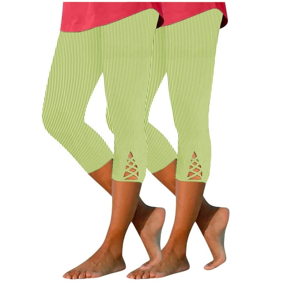 AJTQTH Women Skinny Leggings Capris Knitting Hollowed Summer Casual Tights Solid Elastic Waist Capri Pants with Pockets Yoga Pants Green M