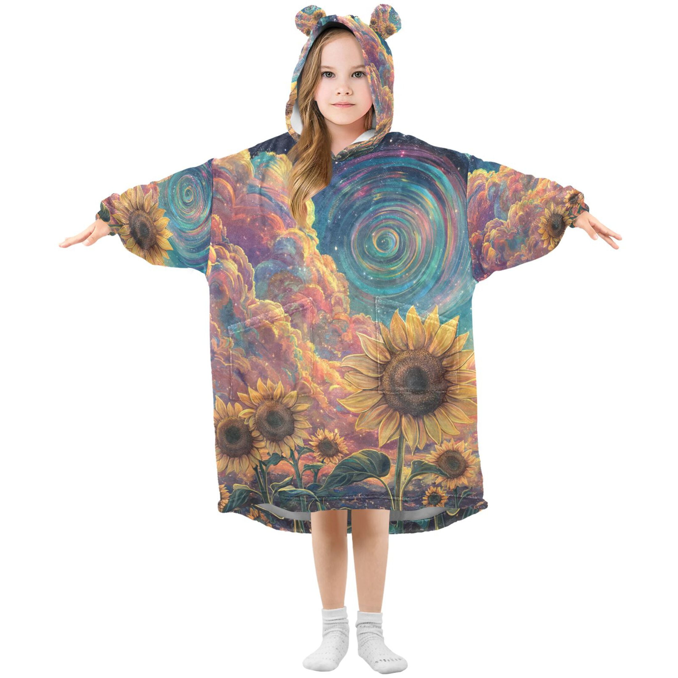 YAZAOO Kids Wearable Blanket Hoodie Warm and Cozy Sunflowers under A Cosmic Sky Flannel Sweatshirt