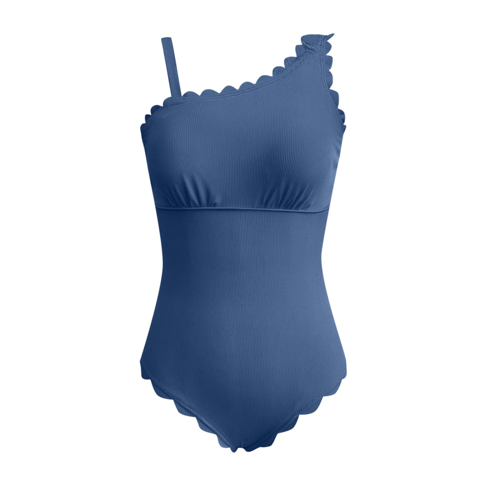 Charmo One Shoulder One Piece Swimsuit - Ribbed, Scalloped, Cutout Back, Tummy Control, Full Coverage